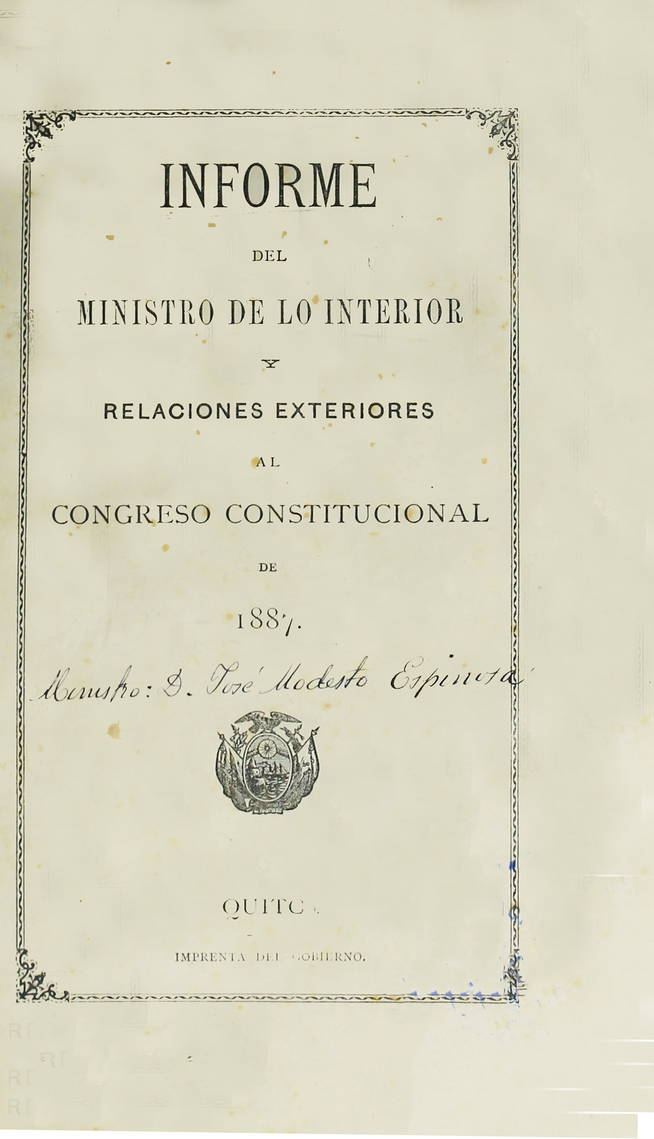 Informe del Ministro de lo Interior y Relaciones Exteriores al Congreso Constitucional de 1887