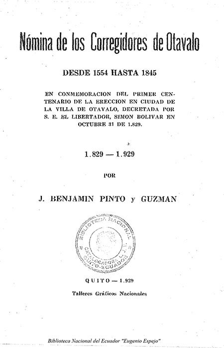 Nómina de los corregidores de Otavalo : desde 1554 hasta 1845