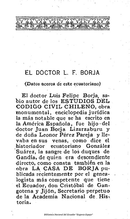 El Doctor L. F. Borja (Datos sobre este Ecuatoriano)
