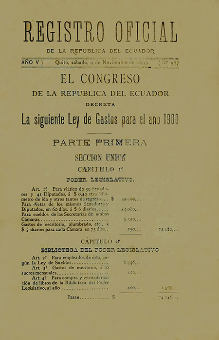 Registro oficial de la República del Ecuador Año V. Quito, sábado, 4 de Noviembre de 1899. N°. 987