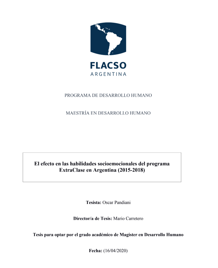 Repositorio Digital FLACSO Ecuador: El efecto en las habilidades  socioemocionales del programa ExtraClase en Argentina (2015-2018)