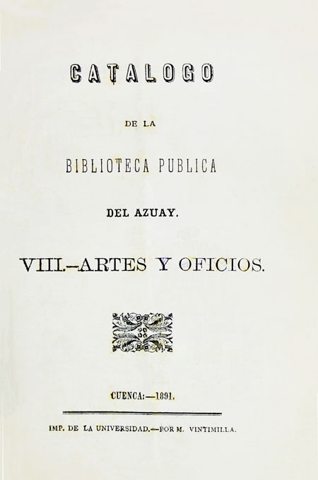 Catálogo de la Biblioteca Pública del Azuay, viii Artes y oficios (Folleto).