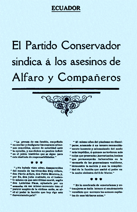 Ecuador. El Partido Conservador sindica á los asesinos de Alfaro y Compañeros.