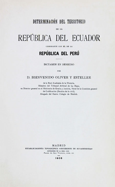 Determinación del territorio de la República del Ecuador confinante con el de la República del Perú : Dictamen en Derecho.